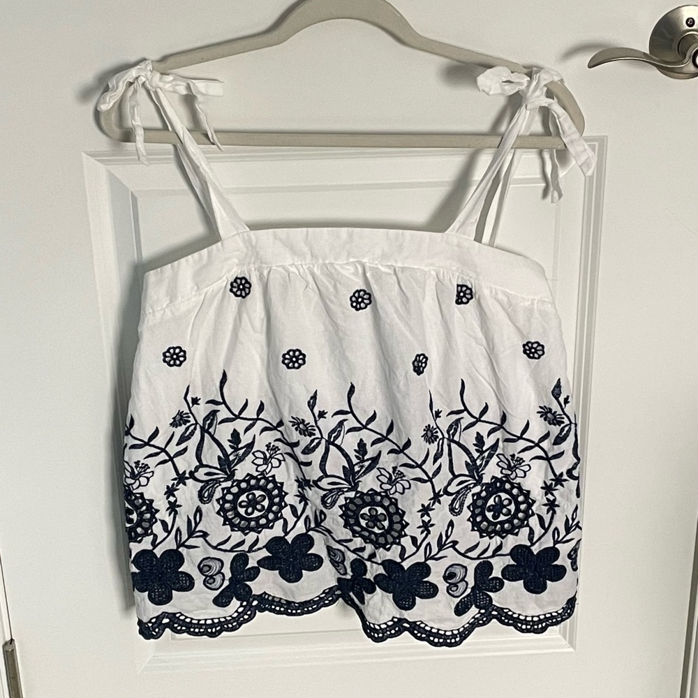 Draper James White Tank Top with Navy Blue Embroidered Floral Border - Picture 2 of 16